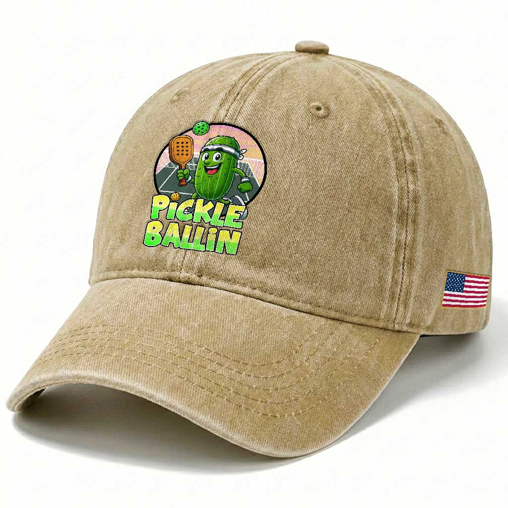 Funny Pickleball Lover Washed Cotton Baseball Cap Pickle Ballin Quote TS12 Print Your Wear