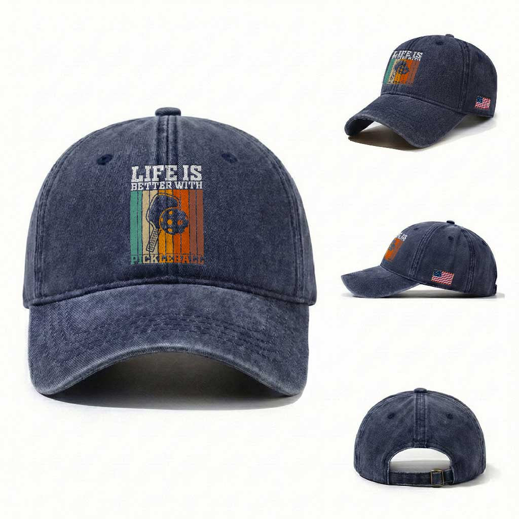 Life Is Better With Pickleball Washed Cotton Baseball Cap Funny Dink Saying TS12 Washed Cap Universal Fit Navy Print Your Wear