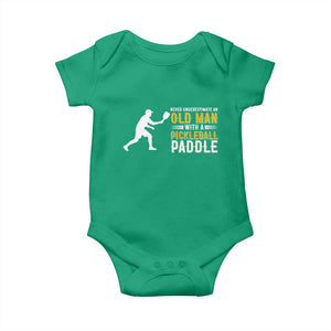 Funny Pickleball Lover Baby Onesie Never Underestimate Old Man TS12 Irish Green Print Your Wear