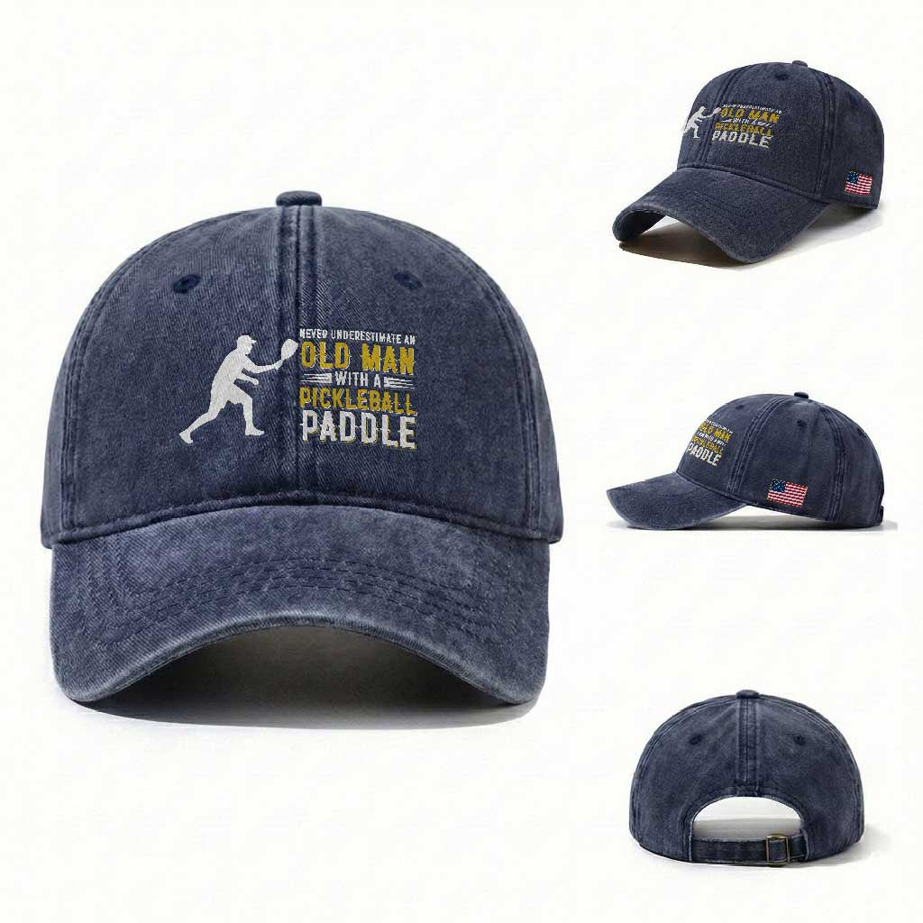 Funny Pickleball Lover Washed Cotton Baseball Cap Never Underestimate Old Man TS12 Washed Cap Universal Fit Navy Print Your Wear