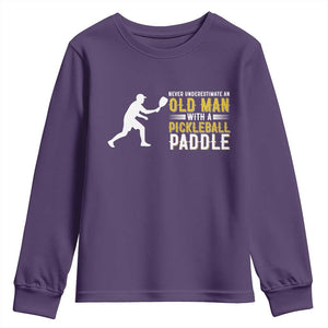 Funny Pickleball Lover Youth Sweatshirt Never Underestimate Old Man TS12 Purple Print Your Wear