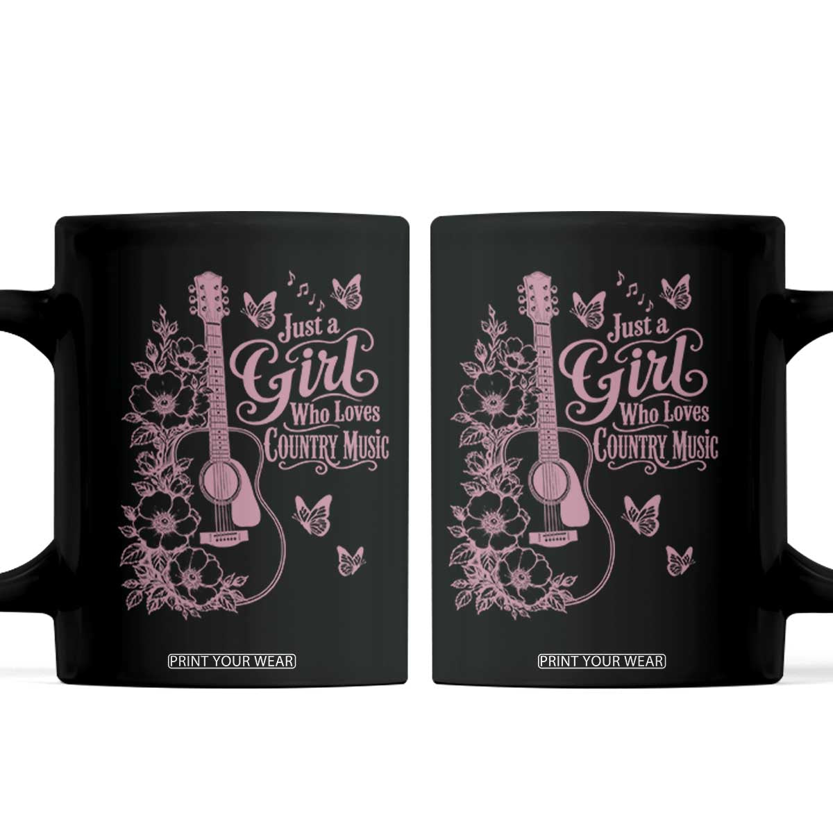 Just A Girl Who Loves Country Music Coffee Mug Guitar Flowers Butterflies Western Cottagecore Gift TS12 Black Print Your Wear