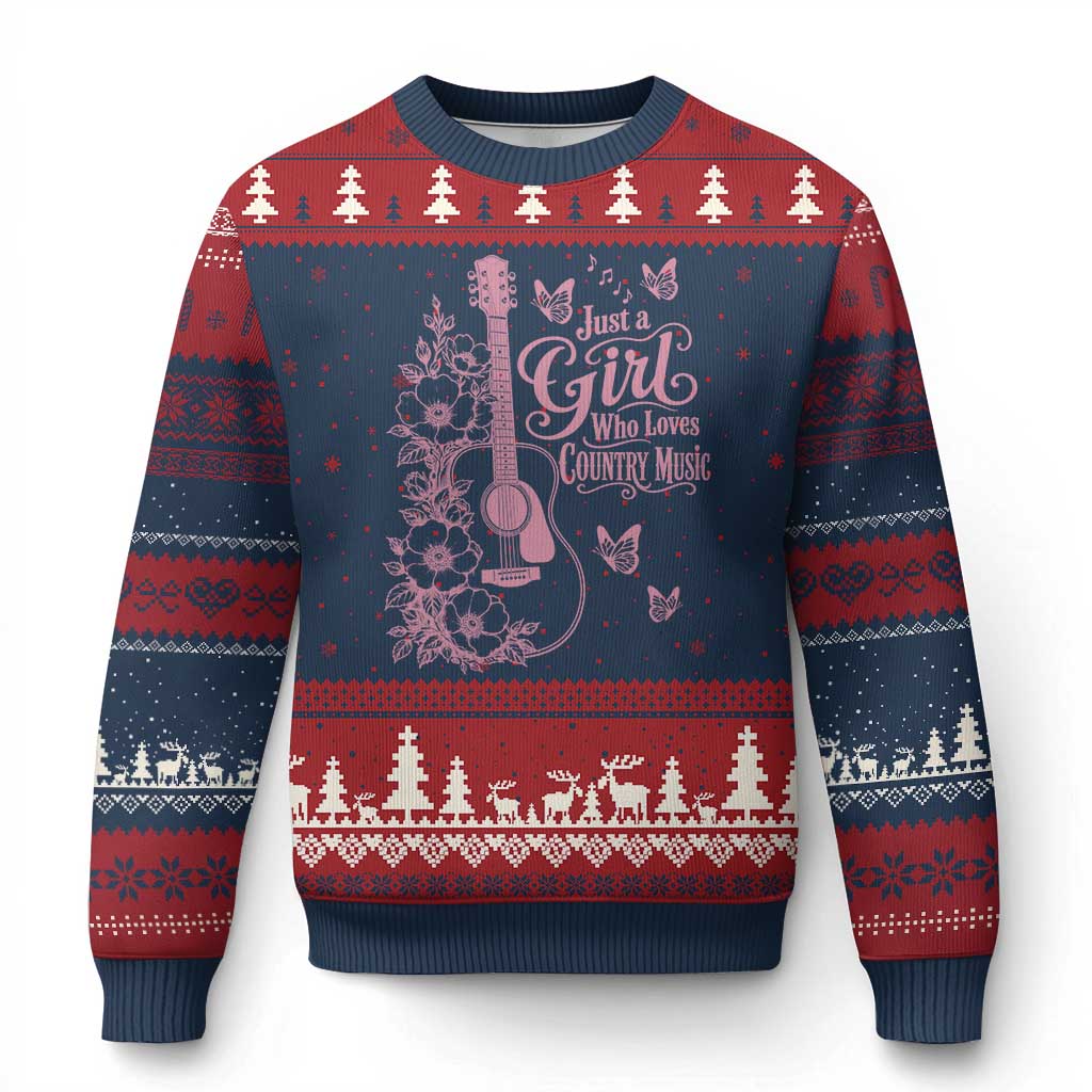 Just A Girl Who Loves Country Music Ugly Christmas Sweater Guitar Flowers Butterflies Western Cottagecore Gift TS12 Navy Red Print Your Wear