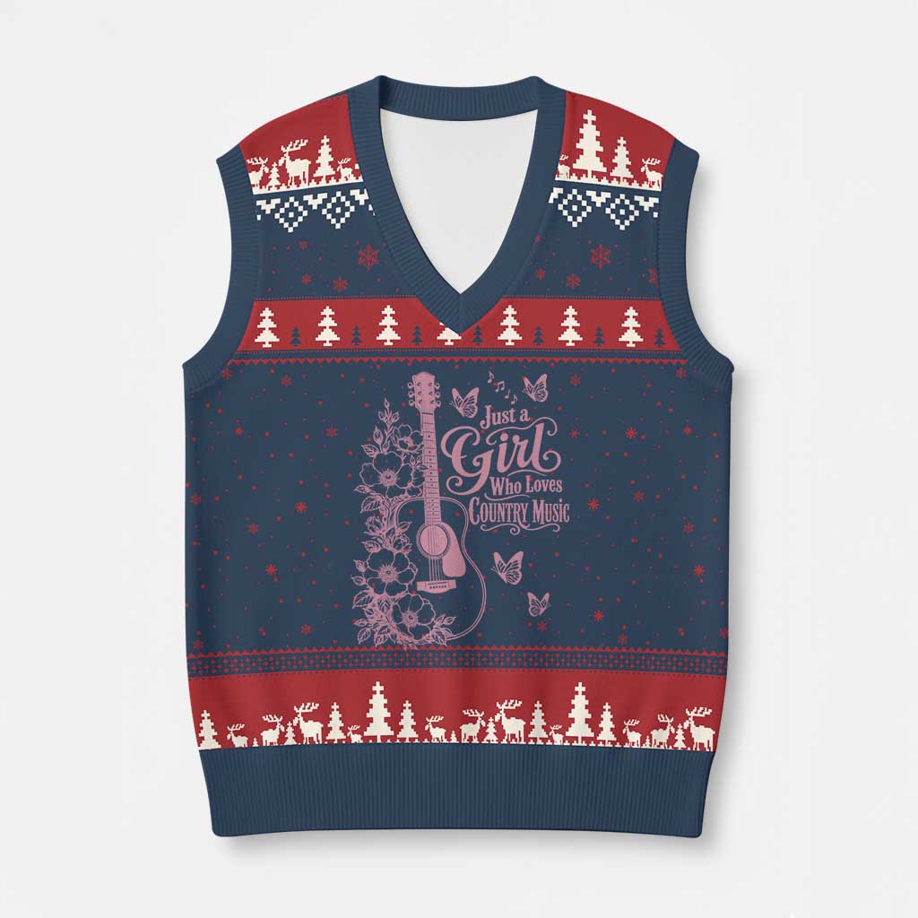 Just A Girl Who Loves Country Music V-Neck Knit Sweater Vest Guitar Flowers Butterflies Western Cottagecore Gift TS12 Navy Red Print Your Wear