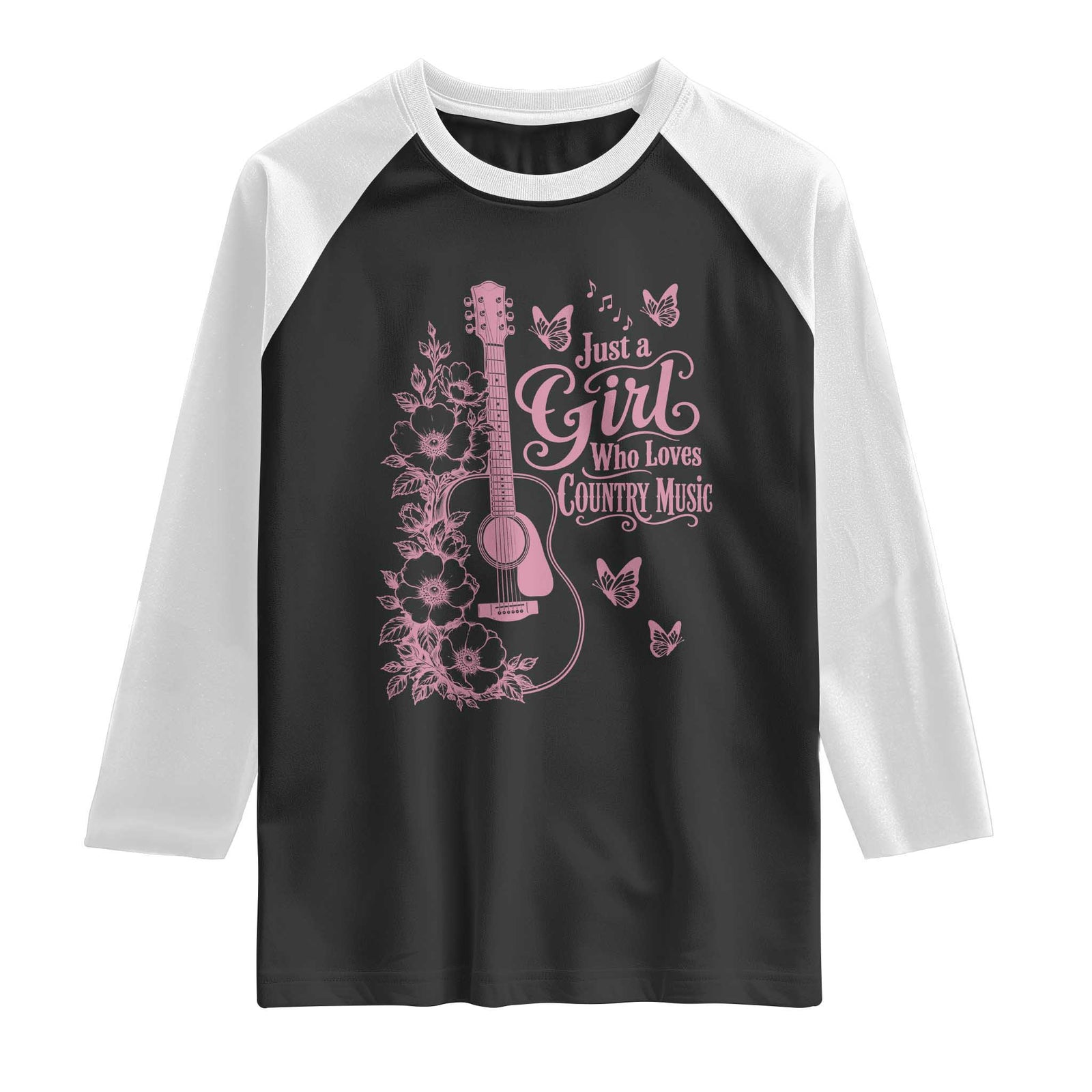 Just A Girl Who Loves Country Music Raglan Shirt Guitar Flowers Butterflies Western Cottagecore Gift TS12 Black White Print Your Wear