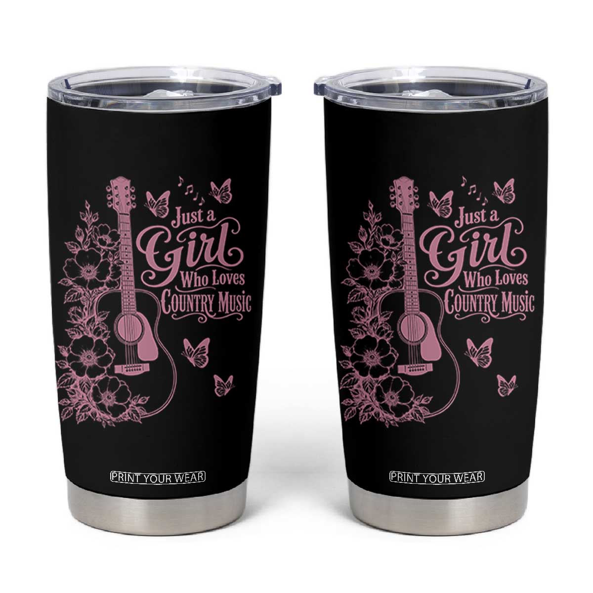 Just A Girl Who Loves Country Music Tumbler Cup Guitar Flowers Butterflies Western Cottagecore Gift TS12 Black Print Your Wear