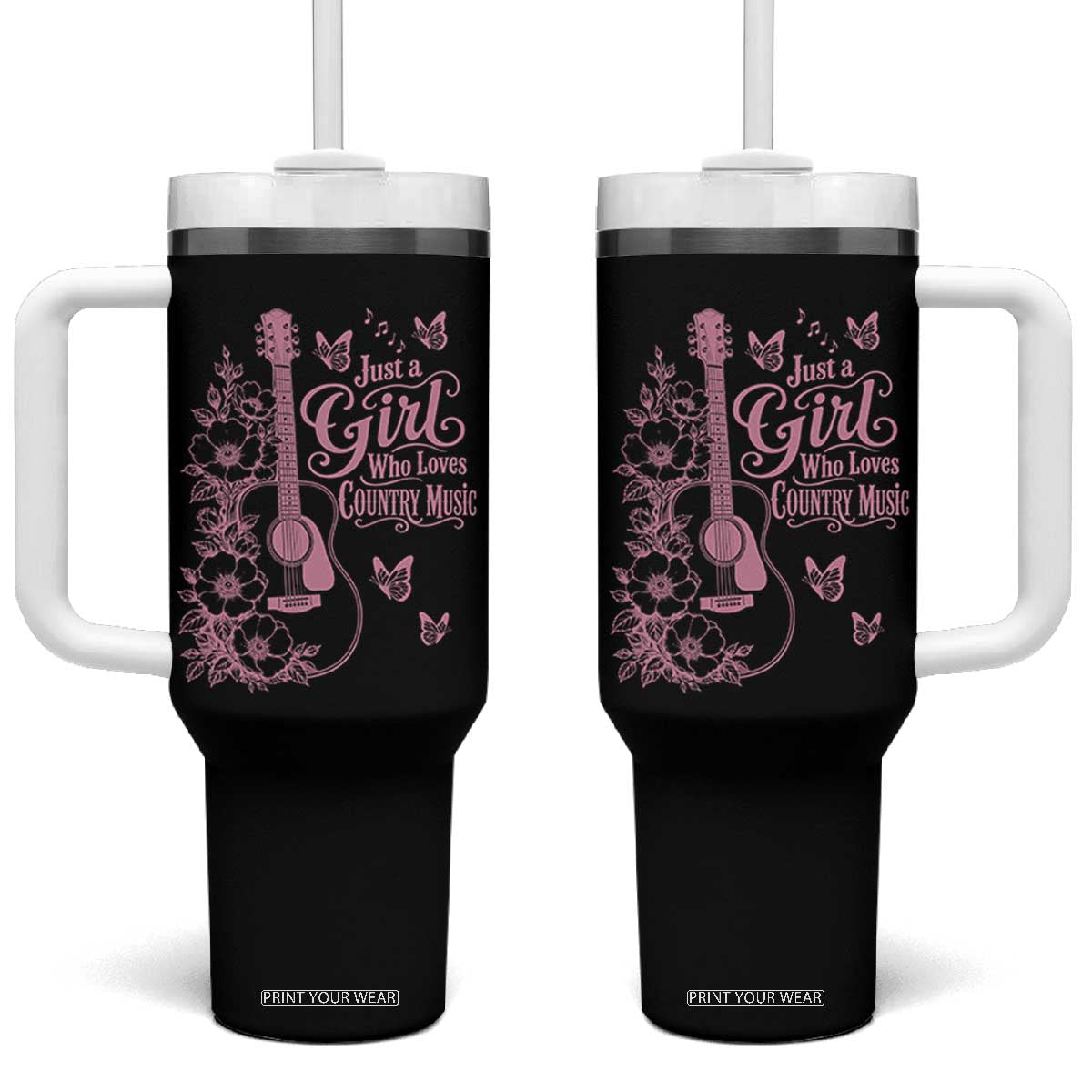 Just A Girl Who Loves Country Music Tumbler With Handle Guitar Flowers Butterflies Western Cottagecore Gift TS12 One Size: 40 oz Black Print Your Wear