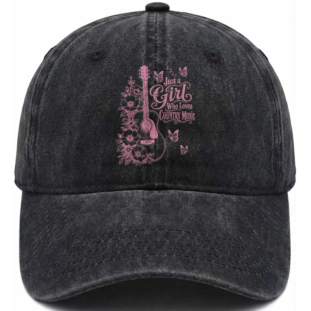 Just A Girl Who Loves Country Music Washed Cotton Baseball Cap Guitar Flowers Butterflies Western Cottagecore Gift TS12 Print Your Wear