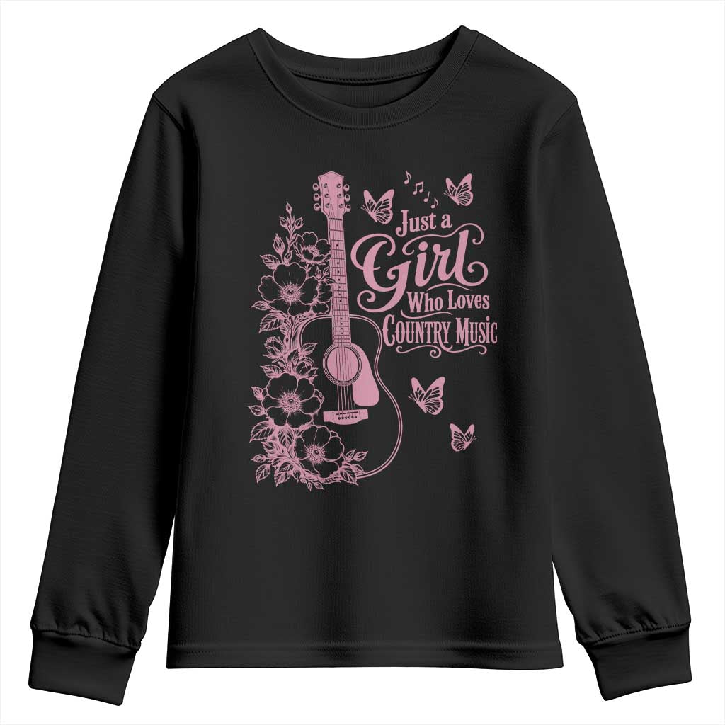 Just A Girl Who Loves Country Music Youth Sweatshirt Guitar Flowers Butterflies Western Cottagecore Gift TS12 Black Print Your Wear