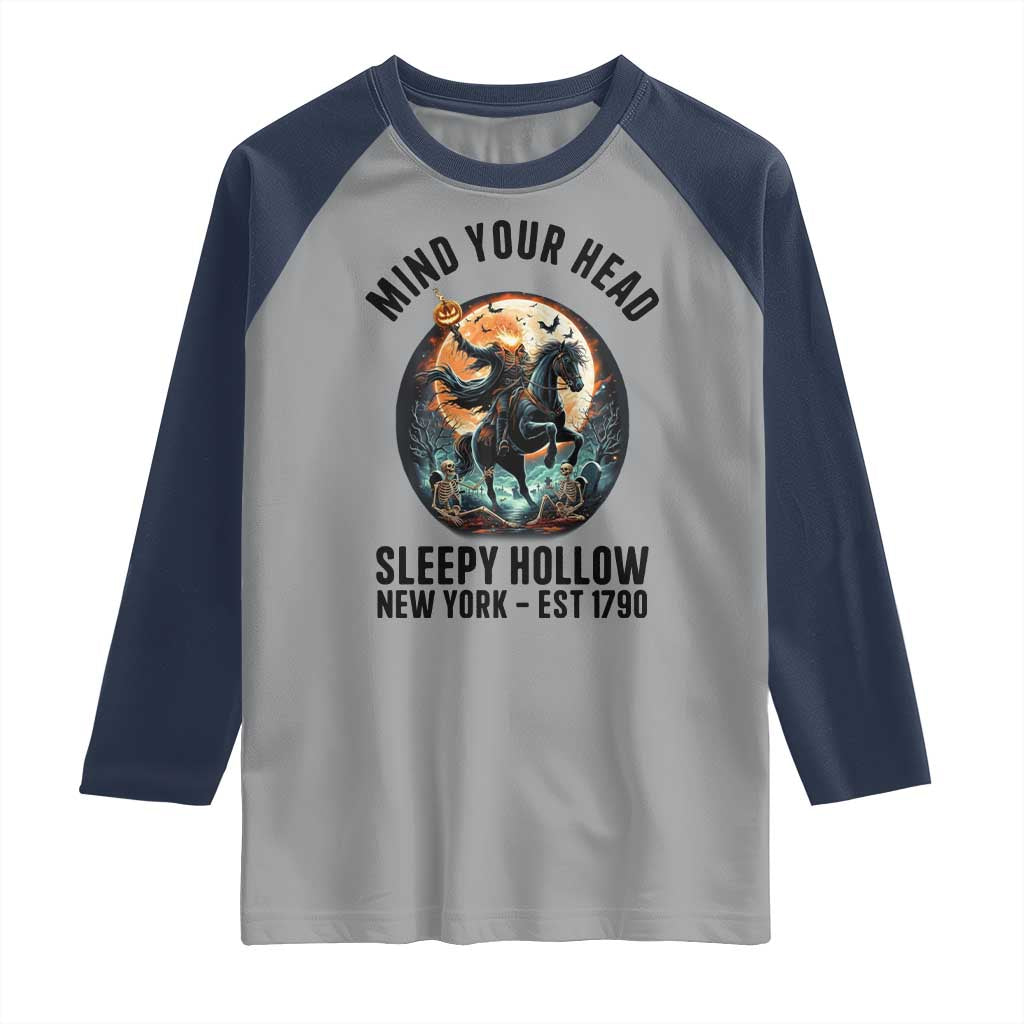 Headless Horseman Raglan Shirt Mind Your Head Haunted Gift TS12 Sport Gray Navy Print Your Wear
