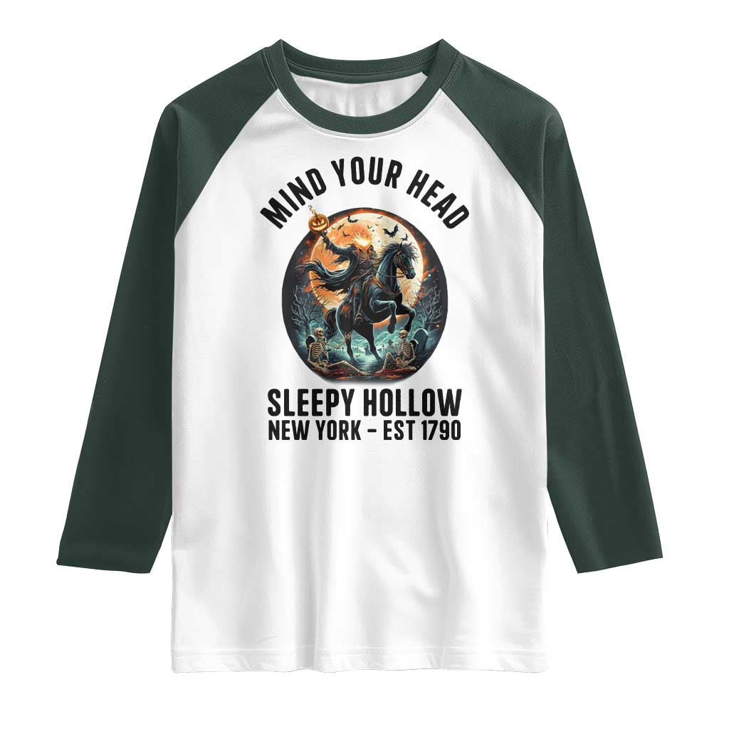 Headless Horseman Raglan Shirt Mind Your Head Haunted Gift TS12 White Dark Forest Green Print Your Wear
