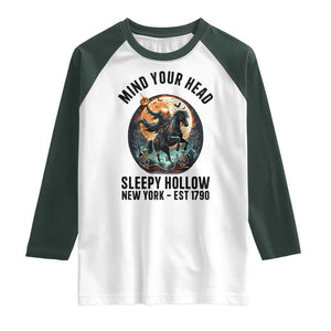 Headless Horseman Raglan Shirt Mind Your Head Haunted Gift TS12 White Dark Forest Green Print Your Wear