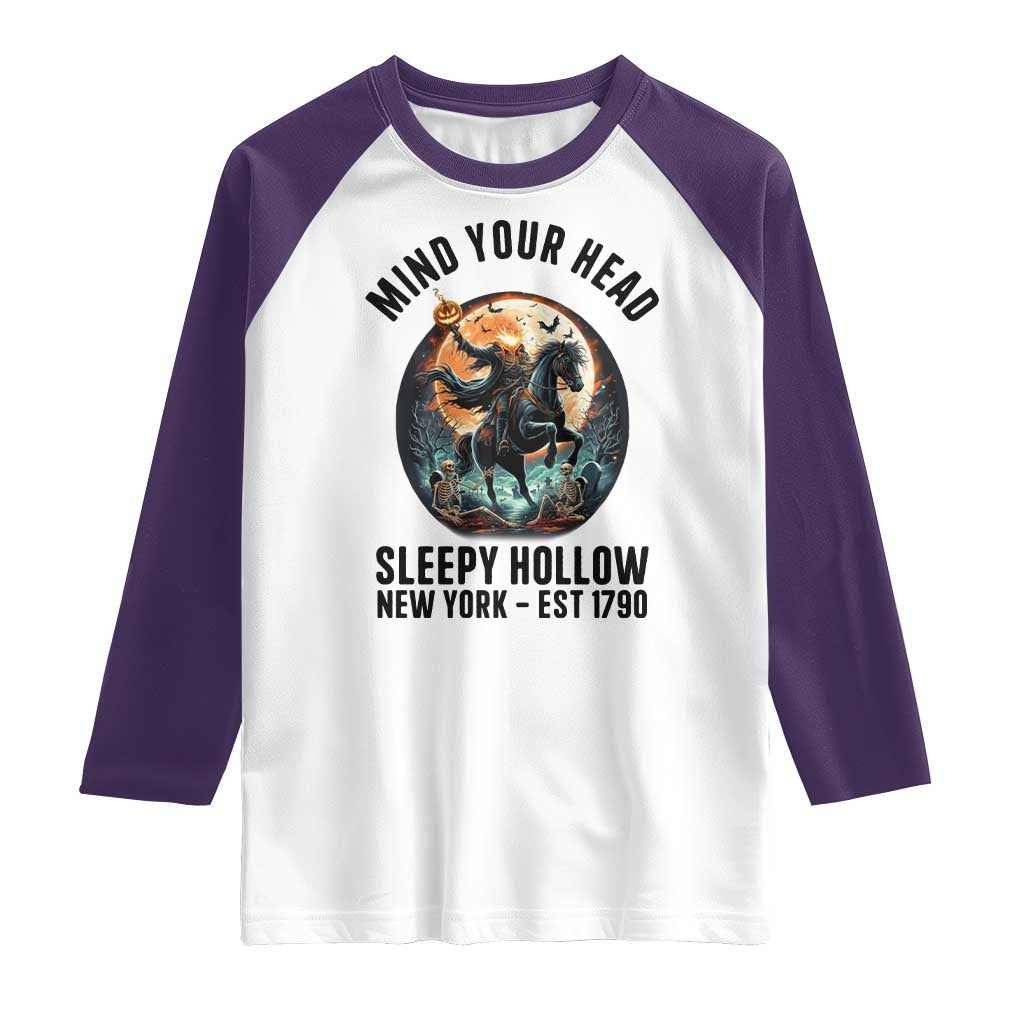 Headless Horseman Raglan Shirt Mind Your Head Haunted Gift TS12 White Purple Print Your Wear