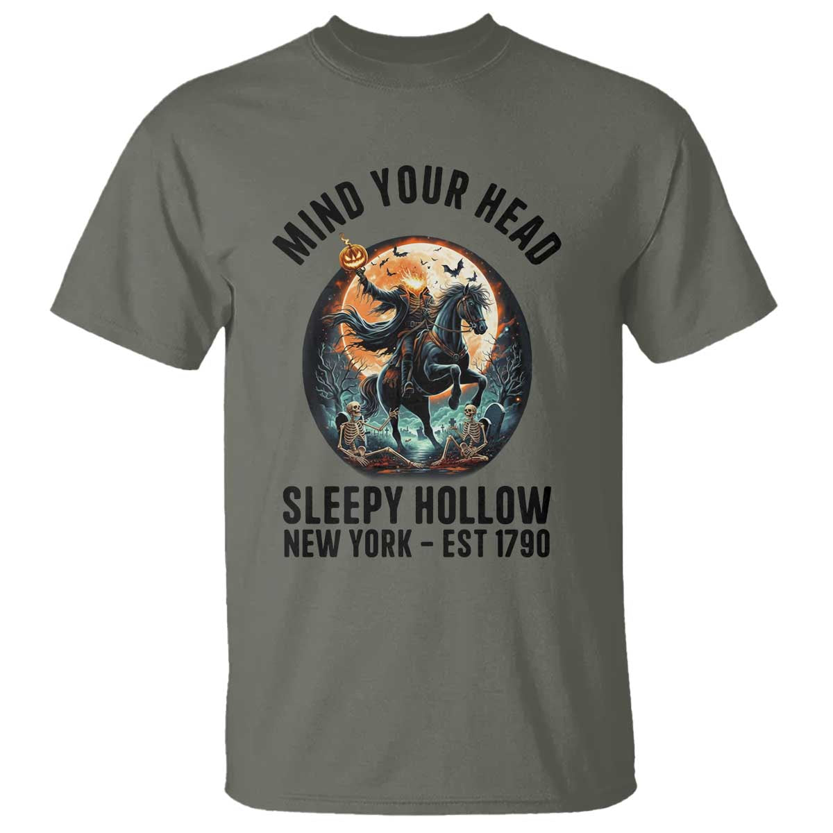 Headless Horseman T Shirt Mind Your Head Haunted Gift TS12 Military Green Print Your Wear