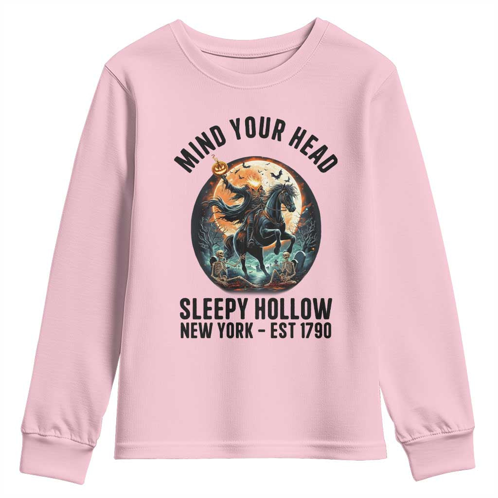 Headless Horseman Youth Sweatshirt Mind Your Head Haunted Gift TS12 Light Pink Print Your Wear