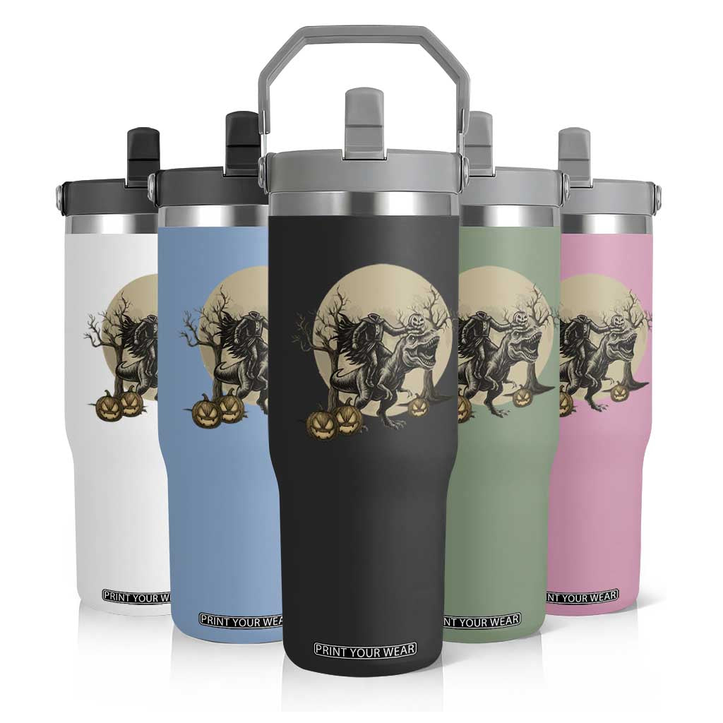 Funny Halloween Gift Flip Straw Tumbler Headless Horseman Riding A Dino TS12 Print Your Wear