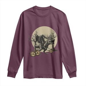 Funny Halloween Gift Long Sleeve Shirt Headless Horseman Riding A Dino TS12 Maroon Print Your Wear