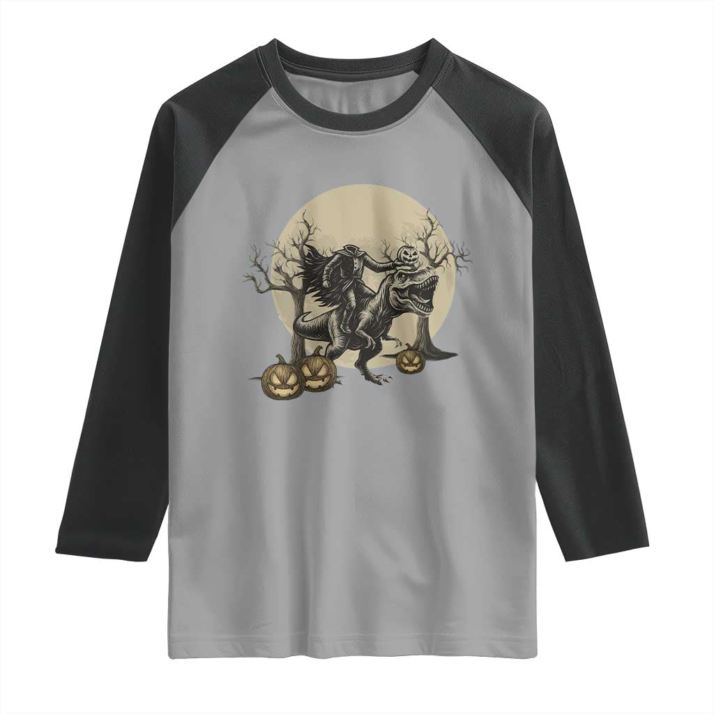 Funny Halloween Gift Raglan Shirt Headless Horseman Riding A Dino TS12 Sport Gray Black Print Your Wear