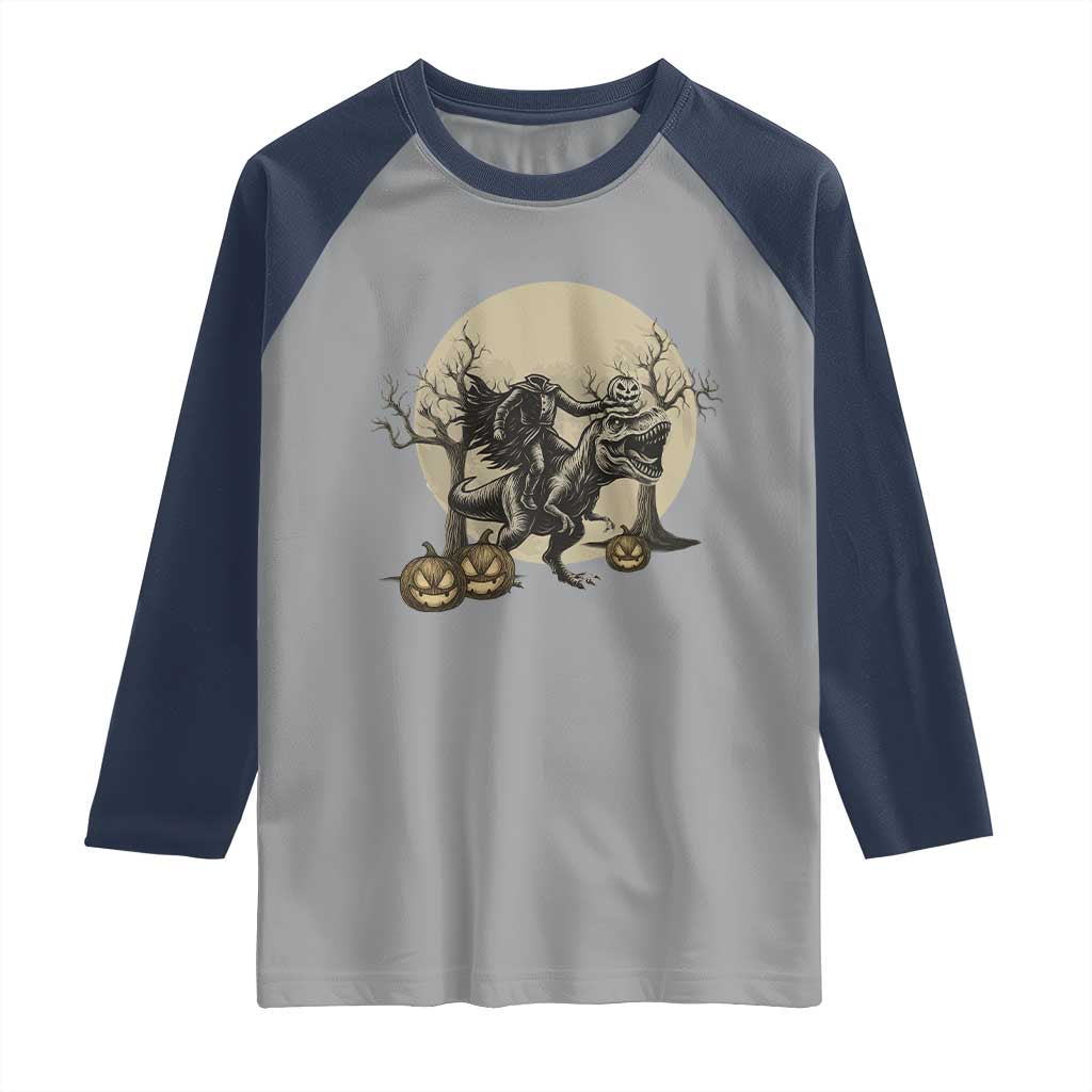 Funny Halloween Gift Raglan Shirt Headless Horseman Riding A Dino TS12 Sport Gray Navy Print Your Wear