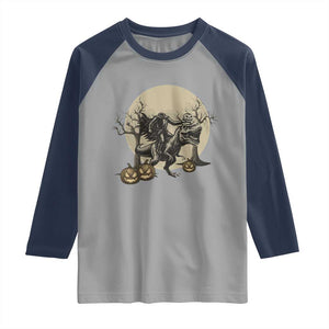 Funny Halloween Gift Raglan Shirt Headless Horseman Riding A Dino TS12 Sport Gray Navy Print Your Wear