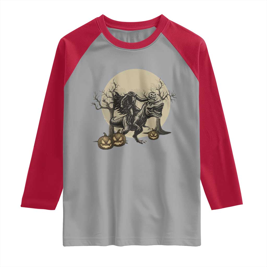 Funny Halloween Gift Raglan Shirt Headless Horseman Riding A Dino TS12 Sport Gray Red Print Your Wear