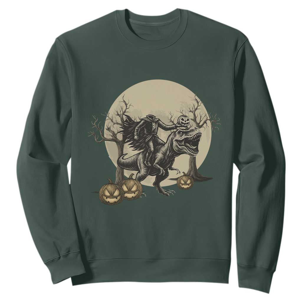 Funny Halloween Gift Sweatshirt Headless Horseman Riding A Dino TS12 Dark Forest Green Print Your Wear