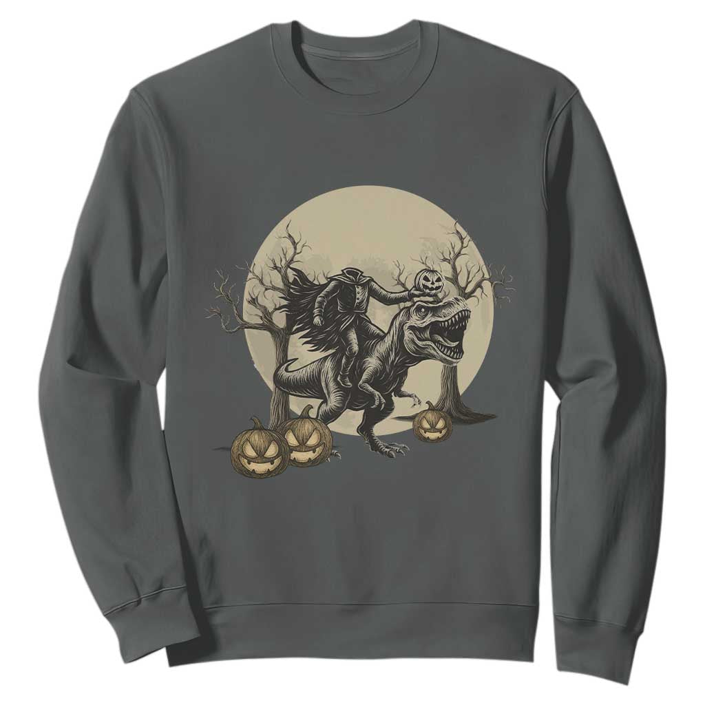 Funny Halloween Gift Sweatshirt Headless Horseman Riding A Dino TS12 Dark Heather Print Your Wear