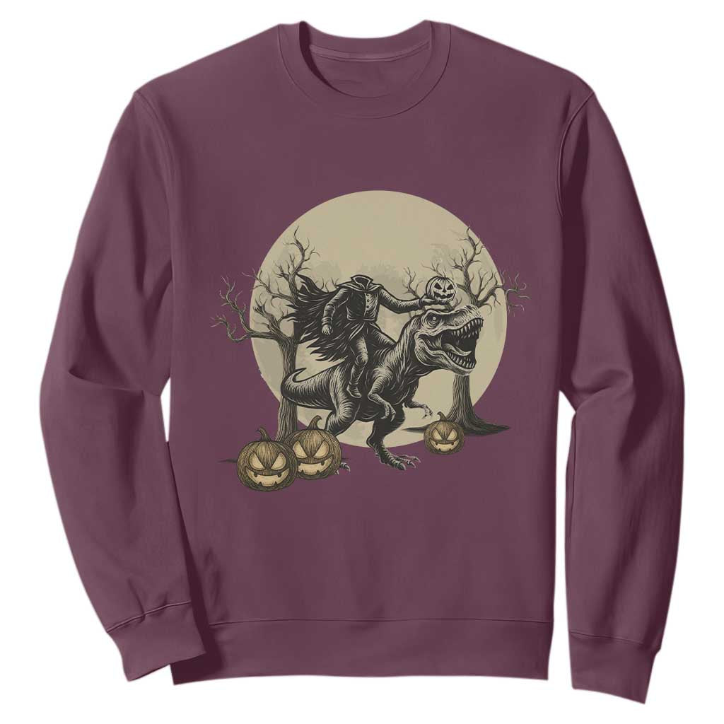 Funny Halloween Gift Sweatshirt Headless Horseman Riding A Dino TS12 Maroon Print Your Wear