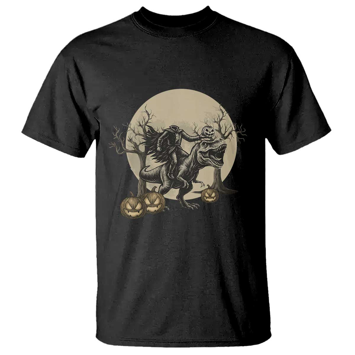 Funny Halloween Gift T Shirt Headless Horseman Riding A Dino TS12 Black Print Your Wear