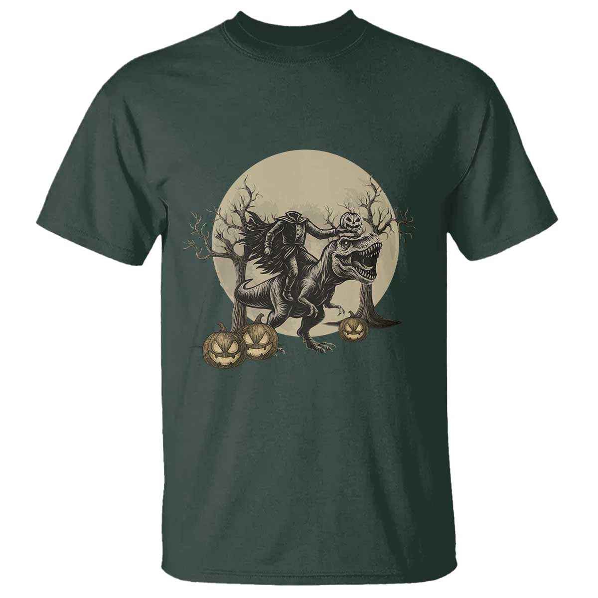 Funny Halloween Gift T Shirt Headless Horseman Riding A Dino TS12 Dark Forest Green Print Your Wear
