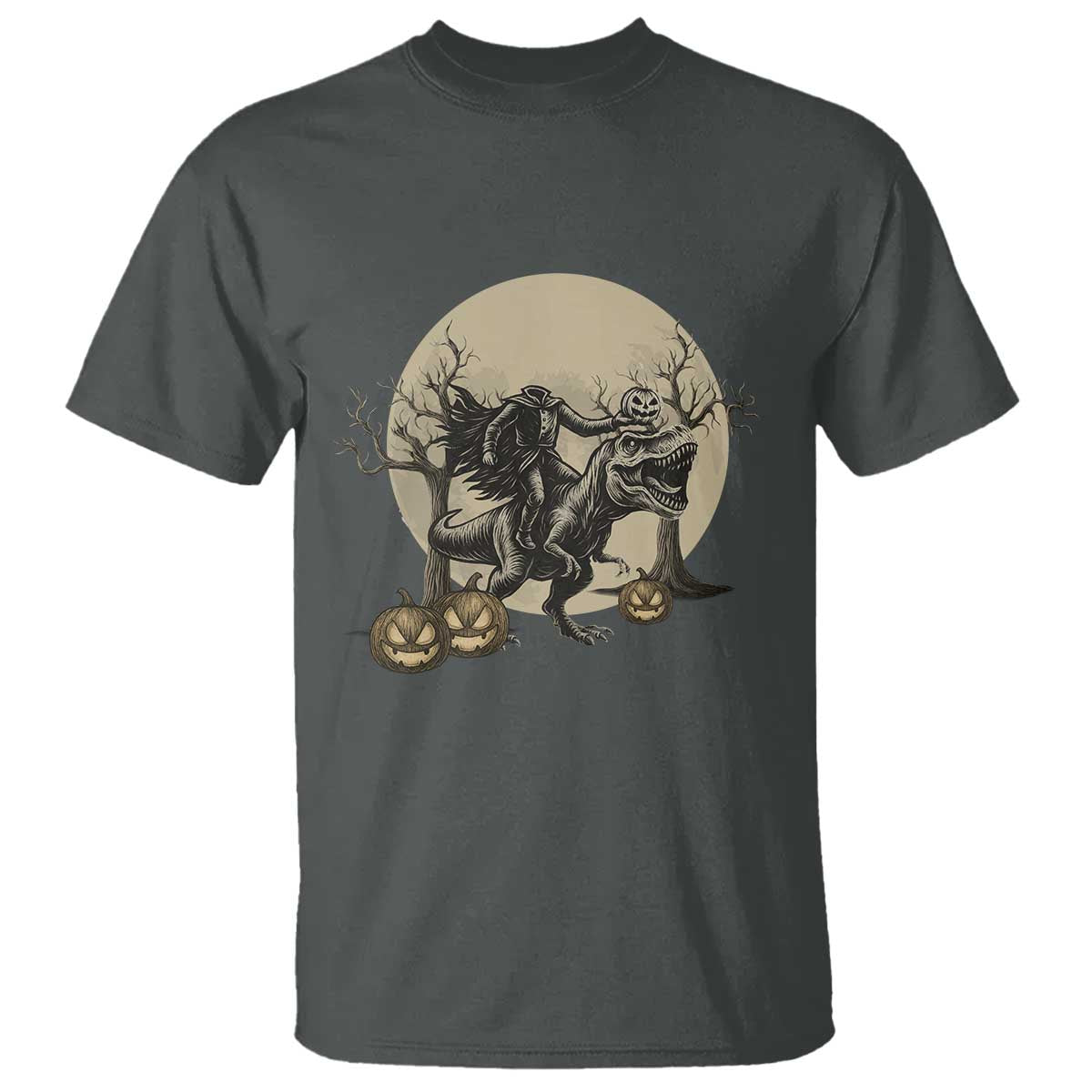 Funny Halloween Gift T Shirt Headless Horseman Riding A Dino TS12 Dark Heather Print Your Wear