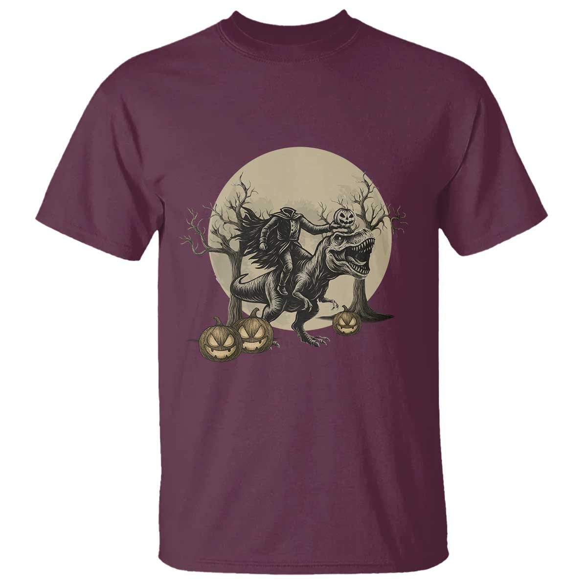 Funny Halloween Gift T Shirt Headless Horseman Riding A Dino TS12 Maroon Print Your Wear