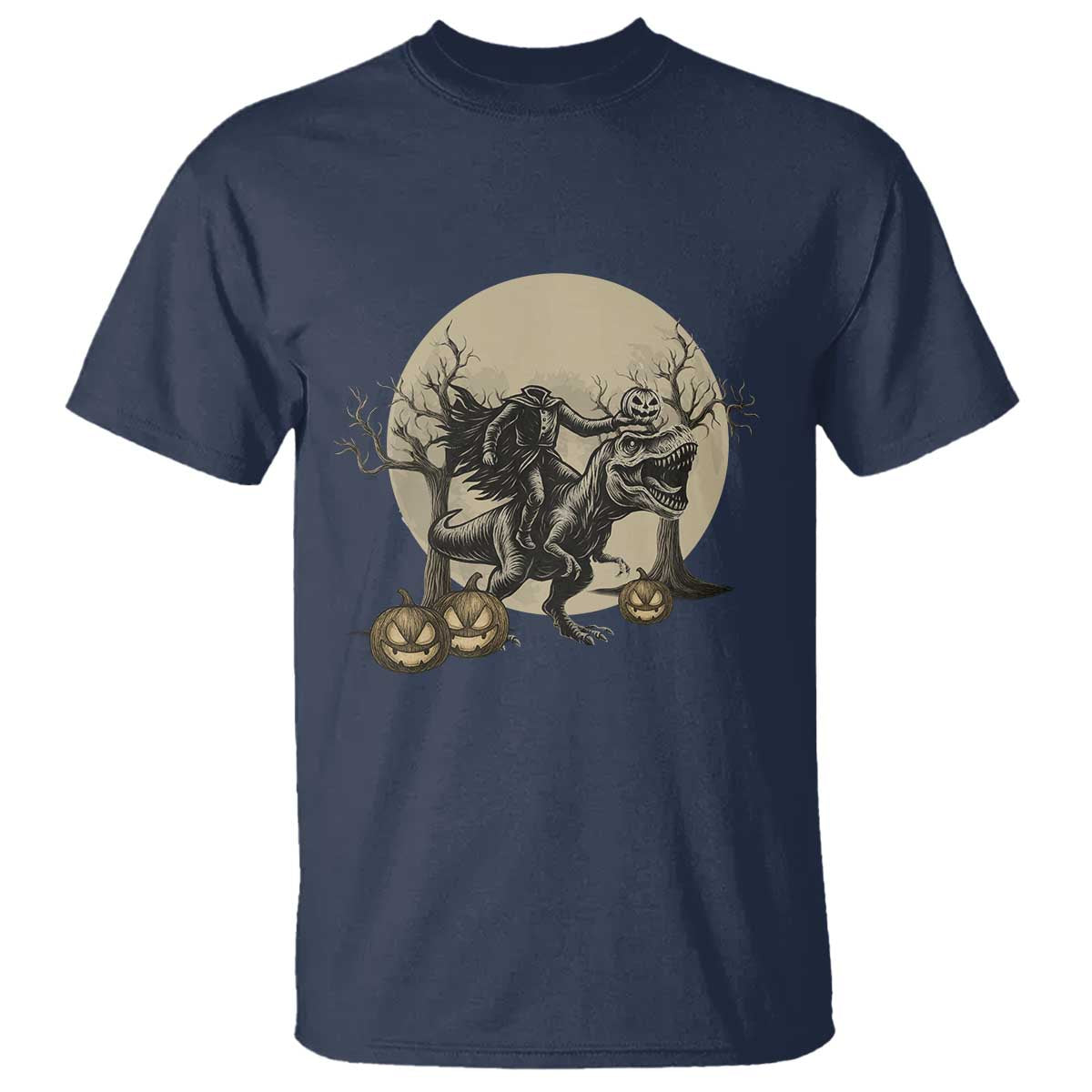 Funny Halloween Gift T Shirt Headless Horseman Riding A Dino TS12 Navy Print Your Wear