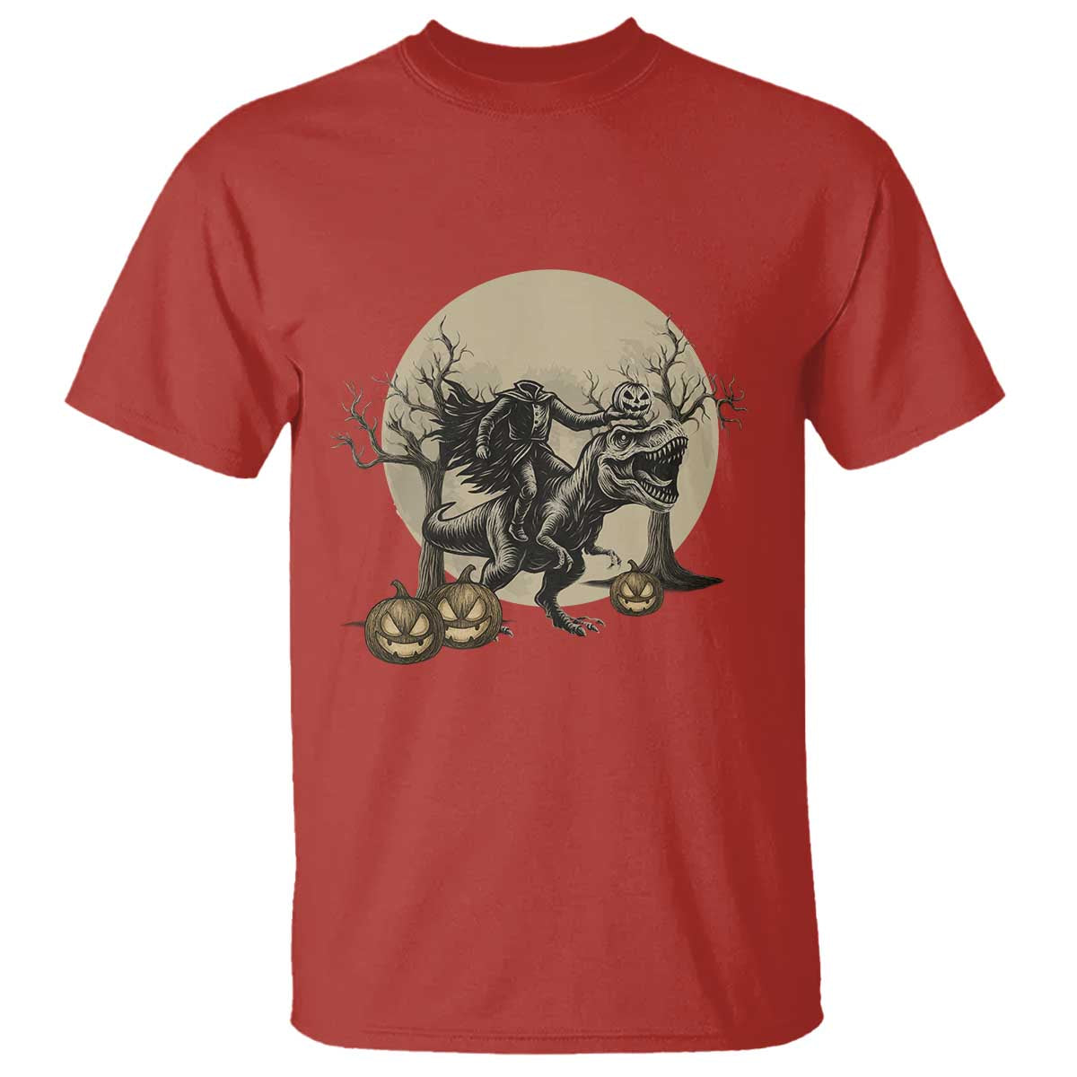 Funny Halloween Gift T Shirt Headless Horseman Riding A Dino TS12 Red Print Your Wear