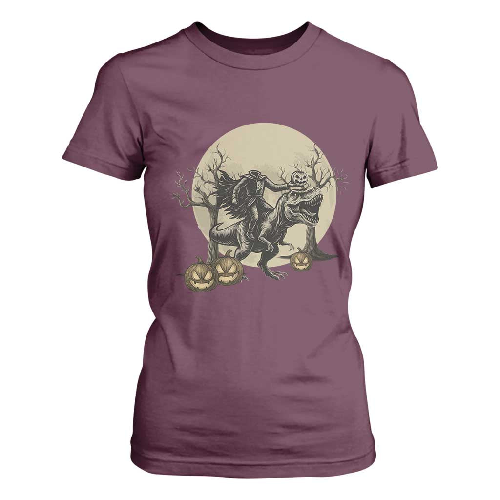 Funny Halloween Gift T Shirt For Women Headless Horseman Riding A Dino TS12 Maroon Print Your Wear