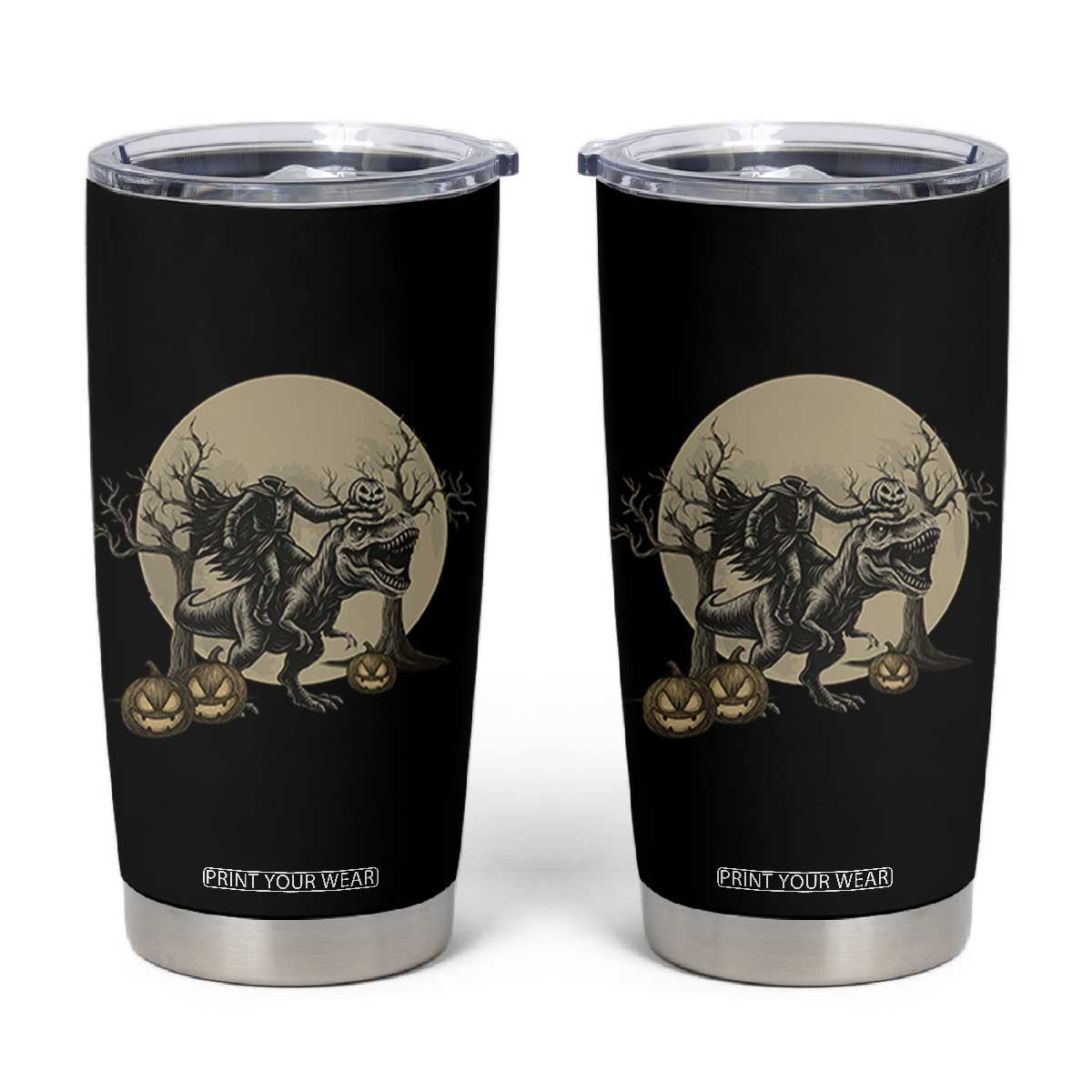 Funny Halloween Gift Tumbler Cup Headless Horseman Riding A Dino TS12 Black Print Your Wear