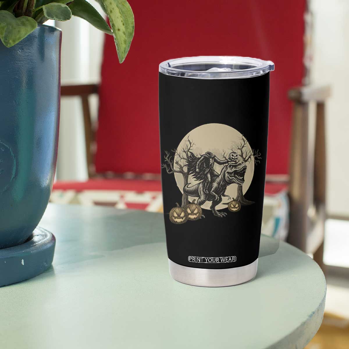 Funny Halloween Gift Tumbler Cup Headless Horseman Riding A Dino TS12 Print Your Wear