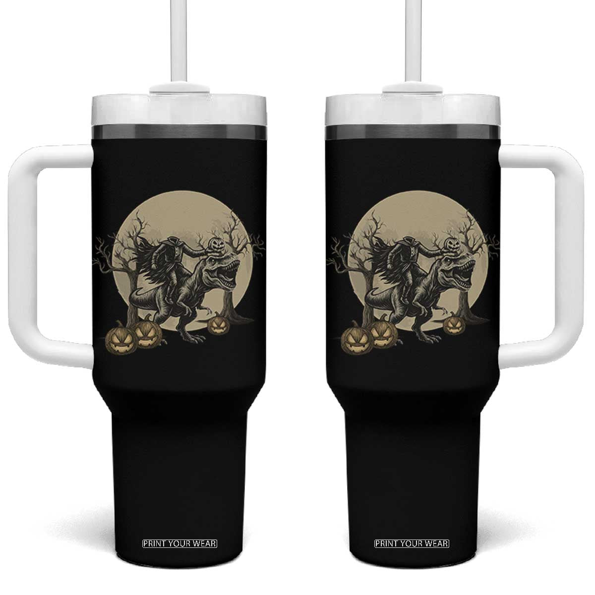 Funny Halloween Gift Tumbler With Handle Headless Horseman Riding A Dino TS12 One Size: 40 oz Black Print Your Wear