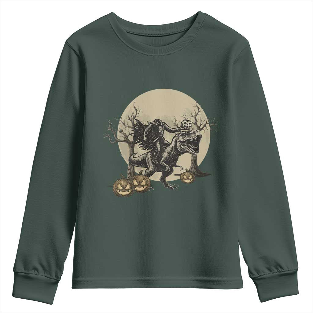 Funny Halloween Gift Youth Sweatshirt Headless Horseman Riding A Dino TS12 Dark Forest Green Print Your Wear
