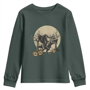 Funny Halloween Gift Youth Sweatshirt Headless Horseman Riding A Dino TS12 Dark Forest Green Print Your Wear