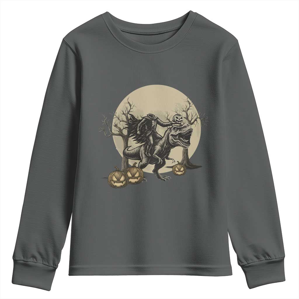 Funny Halloween Gift Youth Sweatshirt Headless Horseman Riding A Dino TS12 Dark Heather Print Your Wear