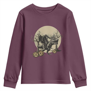 Funny Halloween Gift Youth Sweatshirt Headless Horseman Riding A Dino TS12 Maroon Print Your Wear