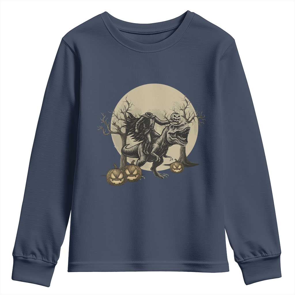 Funny Halloween Gift Youth Sweatshirt Headless Horseman Riding A Dino TS12 Navy Print Your Wear