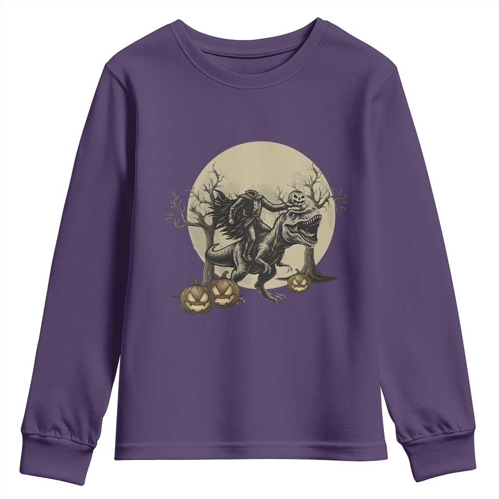 Funny Halloween Gift Youth Sweatshirt Headless Horseman Riding A Dino TS12 Purple Print Your Wear