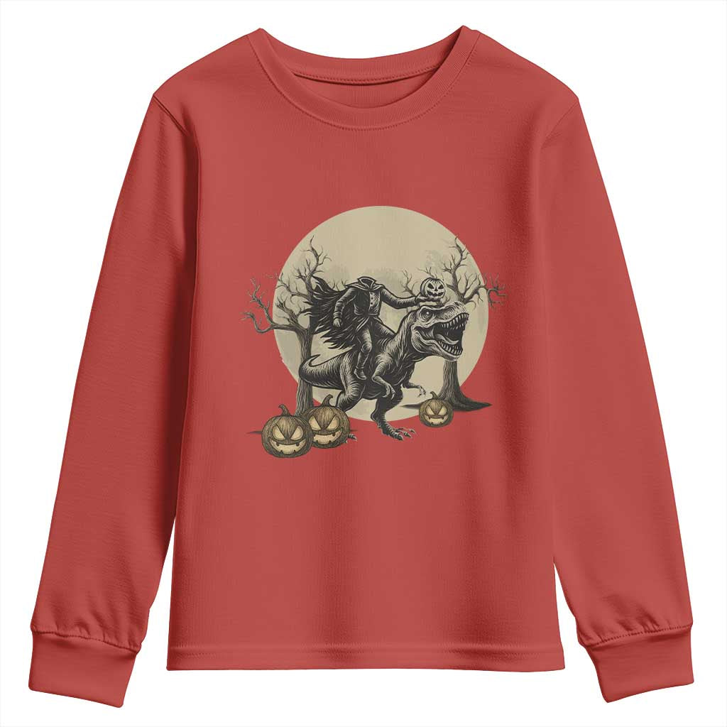 Funny Halloween Gift Youth Sweatshirt Headless Horseman Riding A Dino TS12 Red Print Your Wear