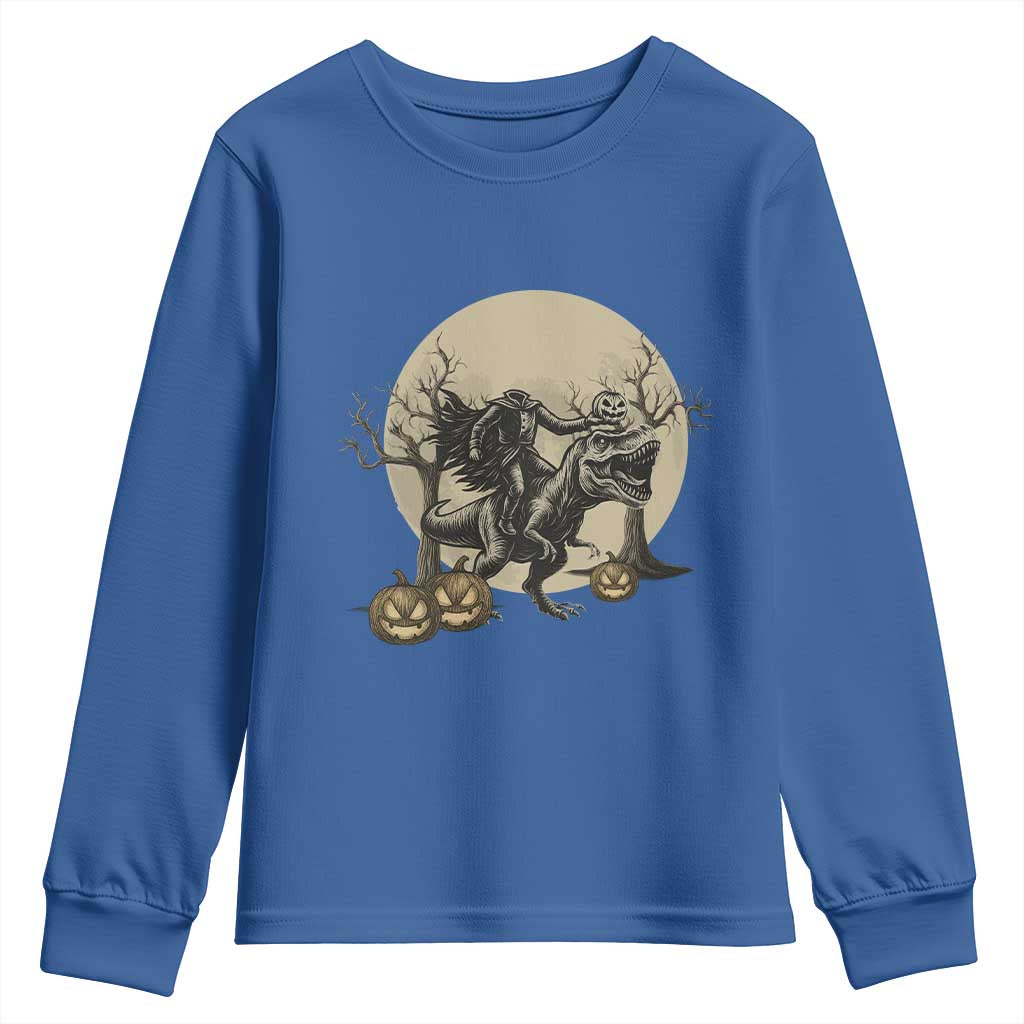 Funny Halloween Gift Youth Sweatshirt Headless Horseman Riding A Dino TS12 Royal Blue Print Your Wear
