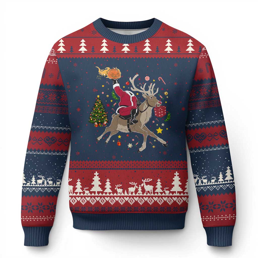 Funny Santa Headless Horseman Ugly Christmas Sweater Christmas Halloween Gift TS12 Navy Red Print Your Wear