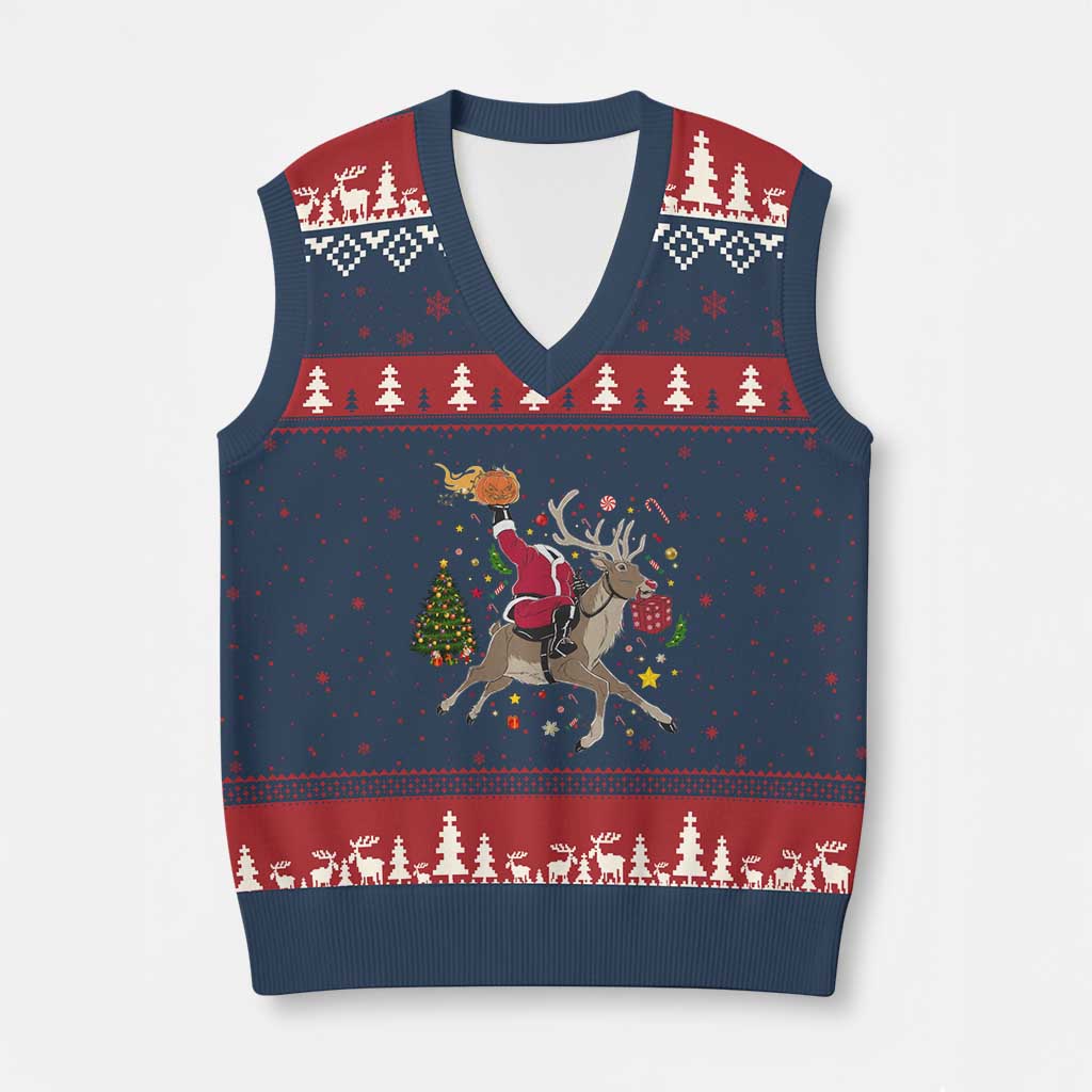 Funny Santa Headless Horseman V-Neck Knit Sweater Vest Xmas Halloween Gift TS12 Navy Red Print Your Wear