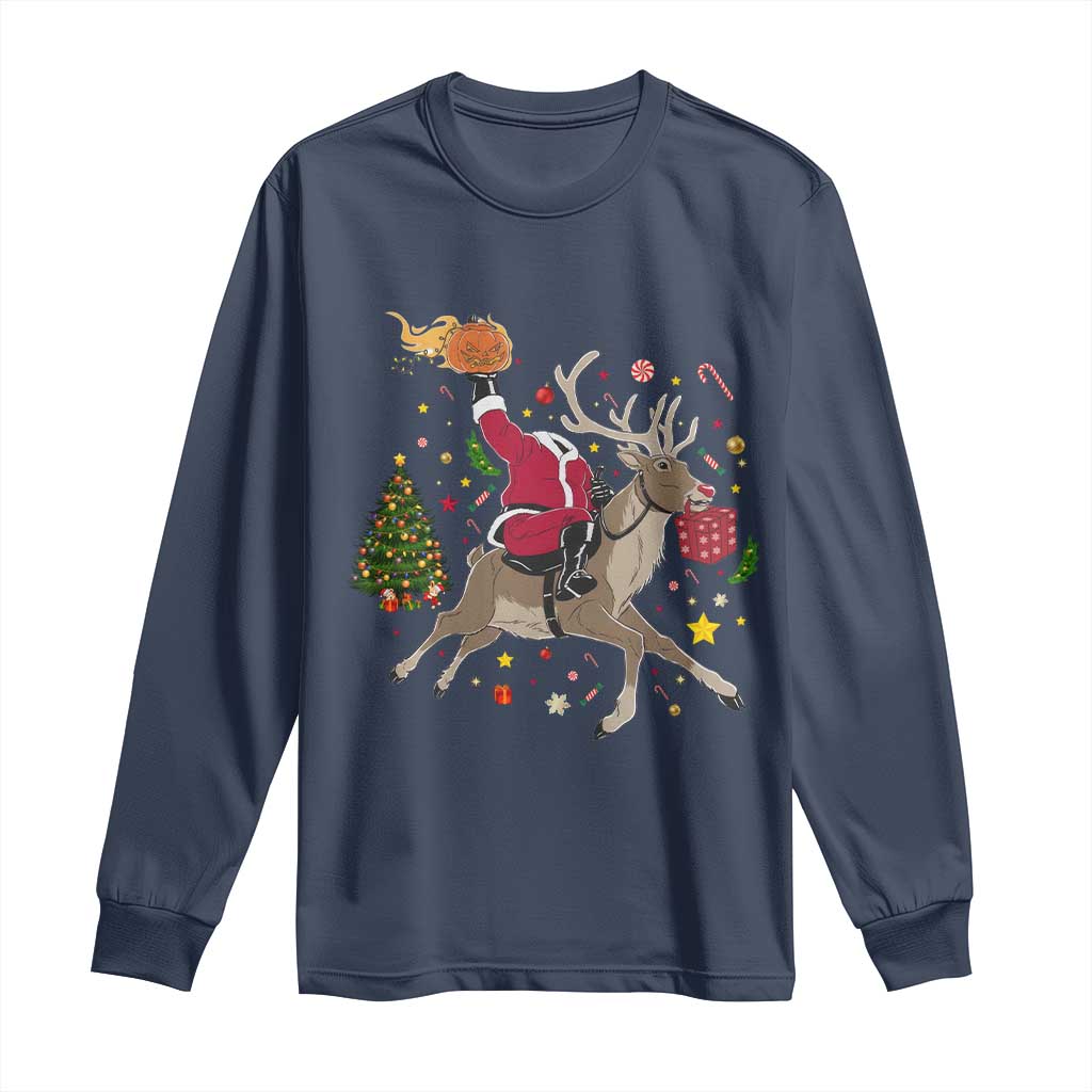Funny Santa Headless Horseman Long Sleeve Shirt Christmas Halloween Gift TS12 Navy Print Your Wear