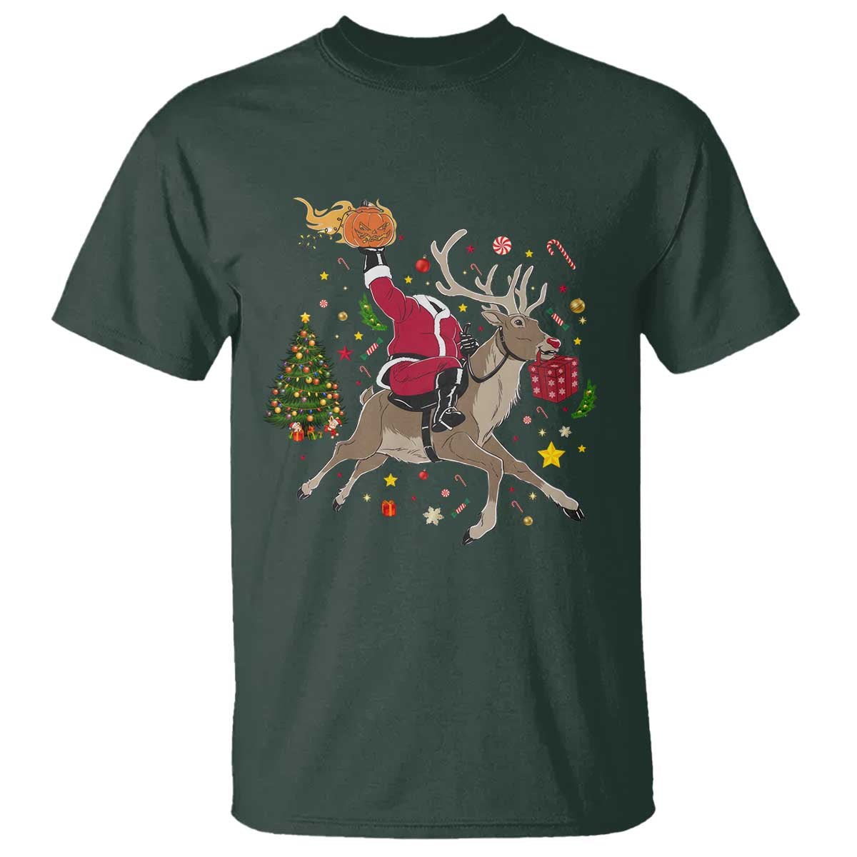 Funny Santa Headless Horseman T Shirt Christmas Halloween Gift TS12 Dark Forest Green Print Your Wear